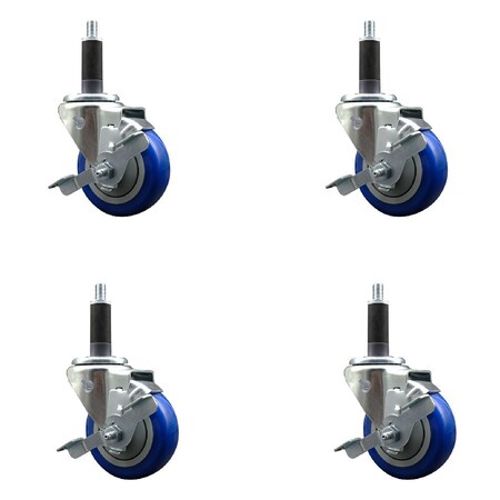 Service Caster 3.5'' Blue Poly Swivel 1'' Expanding Stem Caster Set with Brake, 4PK SCC-EX20S3514-PPUB-BLUE-TLB-1-4